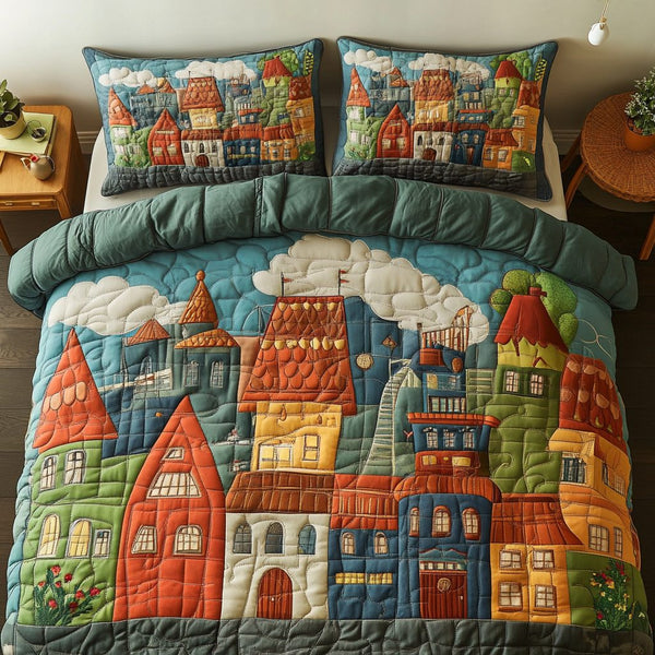 Cityscape Dream quilted 3-piece bedding set on a made bed with two matching pillow shams