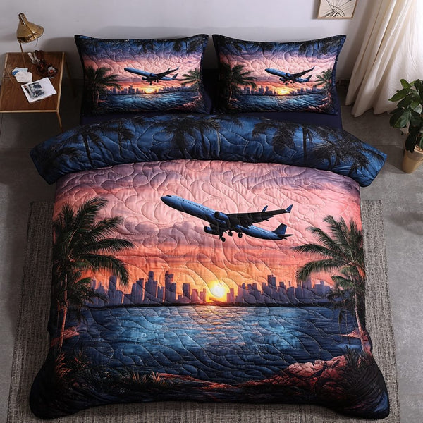Classic Airplane quilted 3-piece bedding set on a made bed in a farmhouse bedroom