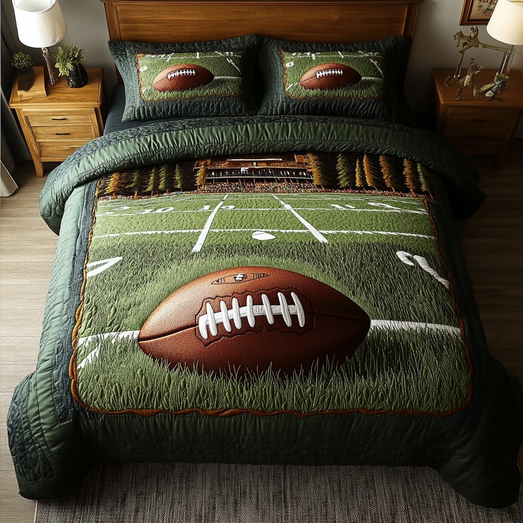 Classic American Football quilted 3-piece bedding set on a made bed in a warmly lit bedroom