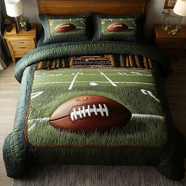 Classic American Football quilted 3-piece bedding set on a made bed in a warmly lit bedroom