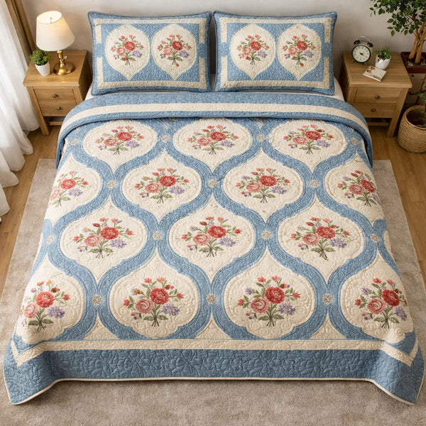 Classic Bloom quilted 3-piece bedding set on a made bed in a farmhouse bedroom