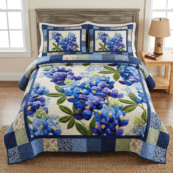 Classic Blue Floral quilted 3-piece bedding set on a made bed in a farmhouse bedroom