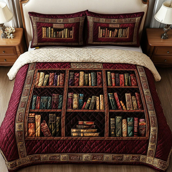 Classic Bookcase quilted 3-piece bedding set on a made bed in a farmhouse bedroom