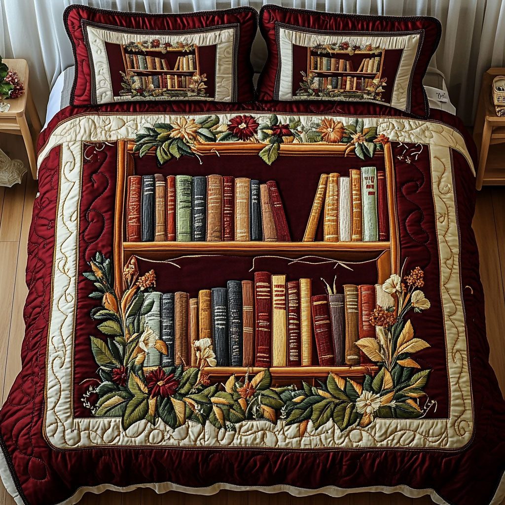 Classic Bookshelf quilted 3-piece bedding set on a made bed in a farmhouse bedroom