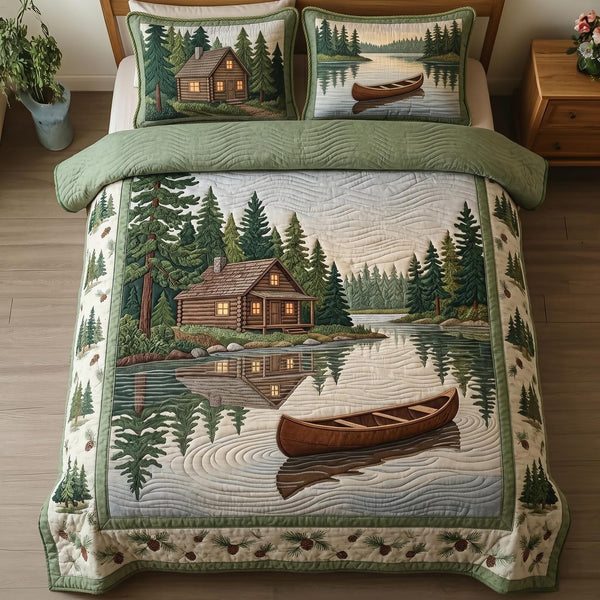 Classic Cabin quilted 3-piece bedding set on a made bed in a farmhouse bedroom