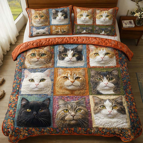 Classic Cats quilted 3-piece bedding set on a made bed in a farmhouse bedroom