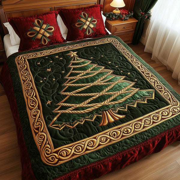 Classic Christmas Tree quilted 3-piece bedding set on a made bed in a winter-styled bedroom