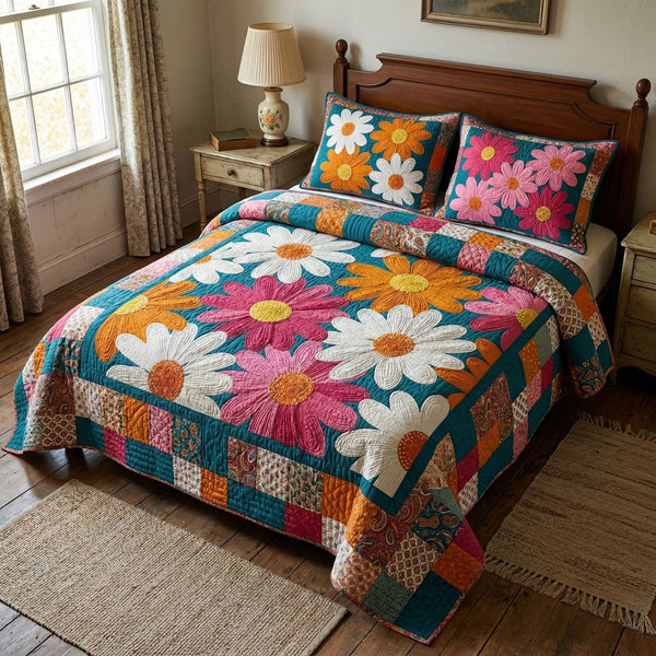 Classic Daisy Patchwork quilted 3-piece bedding set on a made bed in a farmhouse bedroom