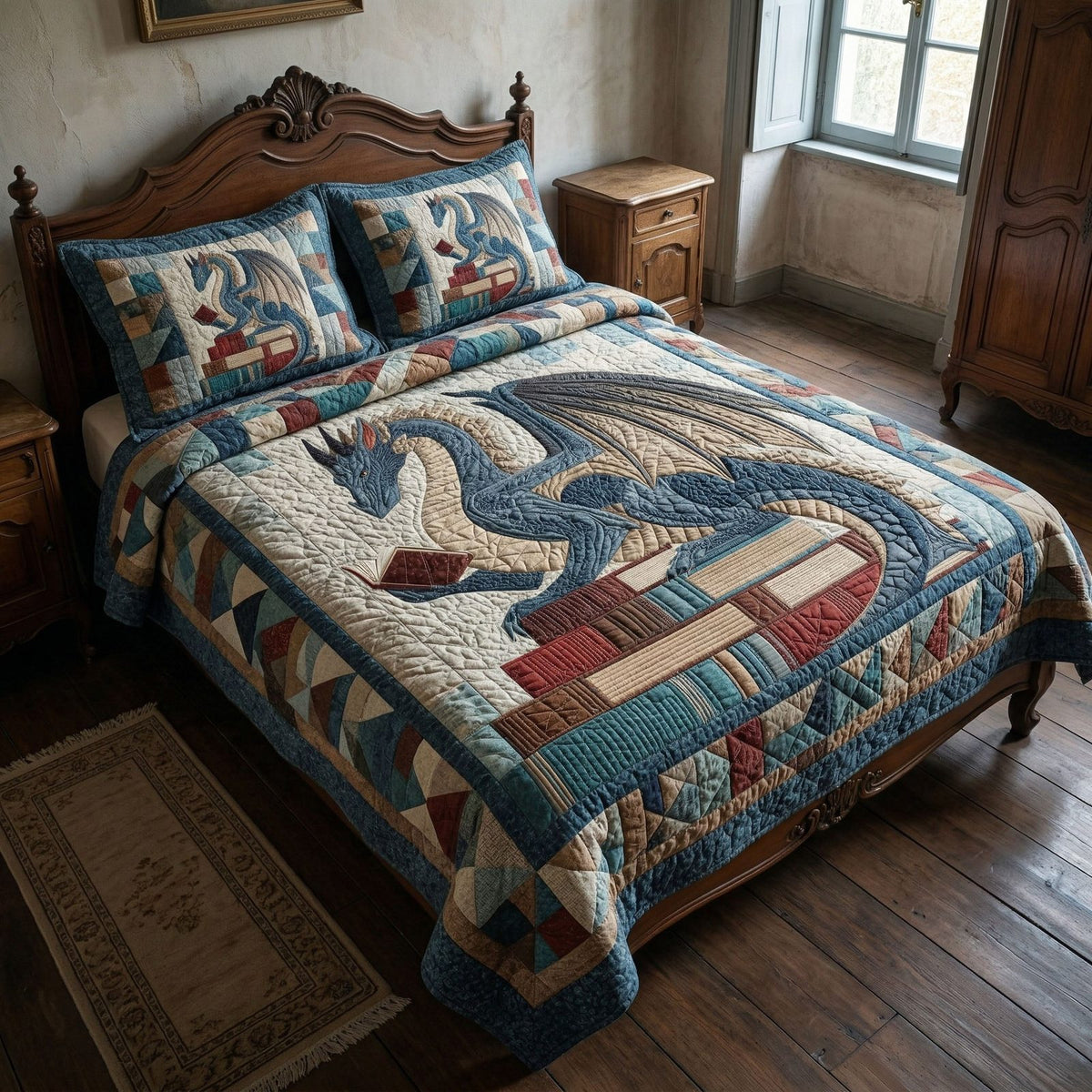 Classic Dragon quilted 3-piece bedding set on a made bed in a farmhouse bedroom