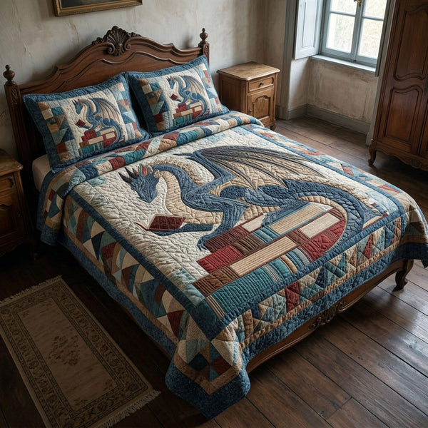 Classic Dragon quilted 3-piece bedding set on a made bed in a farmhouse bedroom