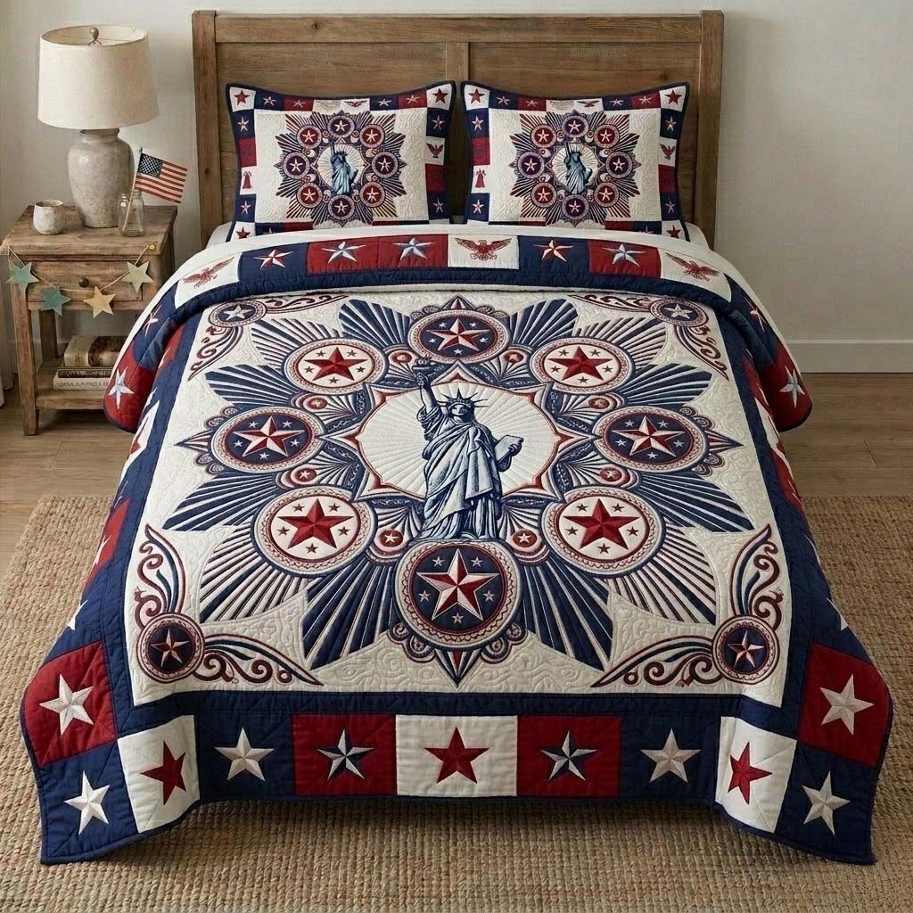 Classic Eagle Banner quilted 3-piece bedding set on a made bed in a warmly lit bedroom