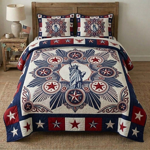 Classic Eagle Banner quilted 3-piece bedding set on a made bed in a warmly lit bedroom
