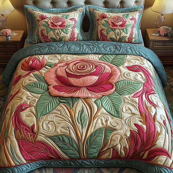 Classic Floral quilted 3-piece bedding set on a made bed in a farmhouse bedroom