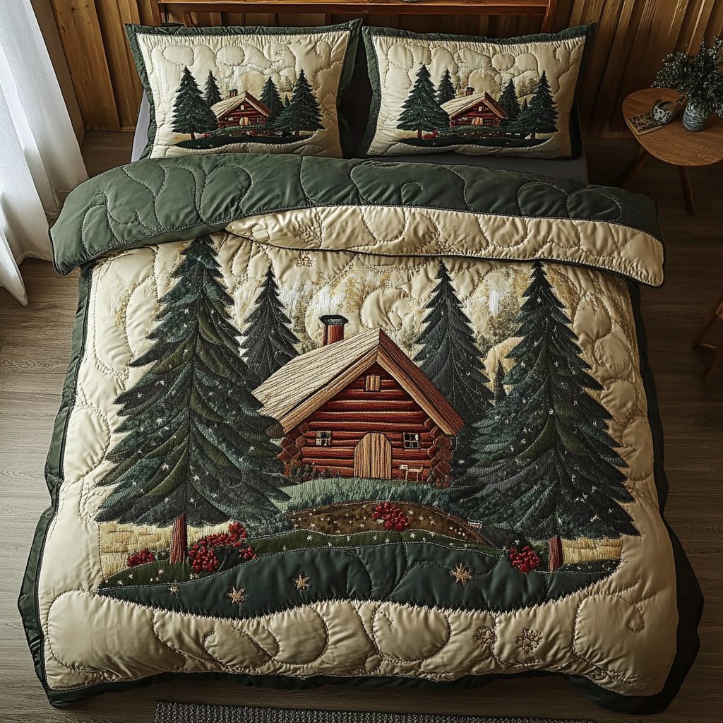 Classic Log Cabin quilted 3-piece bedding set on a made bed in a farmhouse bedroom