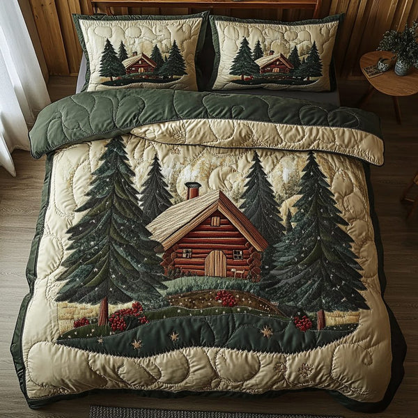 Classic Log Cabin quilted 3-piece bedding set on a made bed in a farmhouse bedroom
