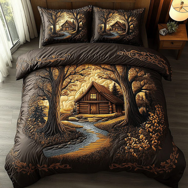 Classic Log Cabin quilted 3-piece bedding set on a made bed in a farmhouse bedroom