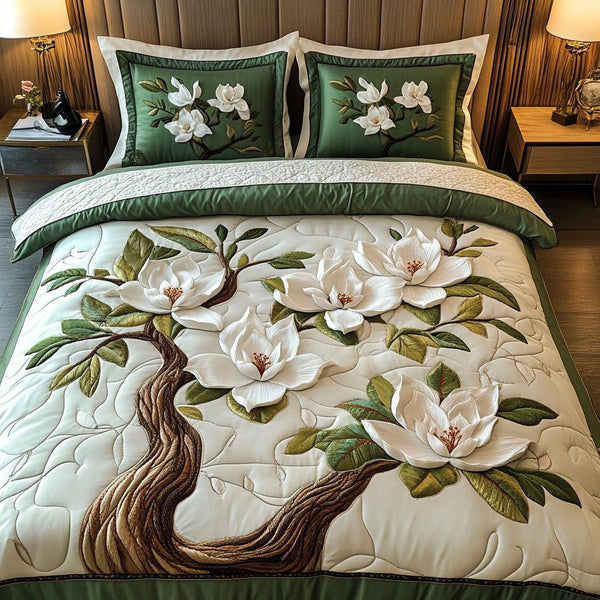 Classic Magnolia Green quilted 3-piece bedding set on a made bed in a farmhouse bedroom