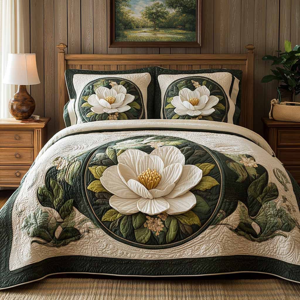 Classic Magnolia quilted 3-piece bedding set on a made bed in a farmhouse bedroom