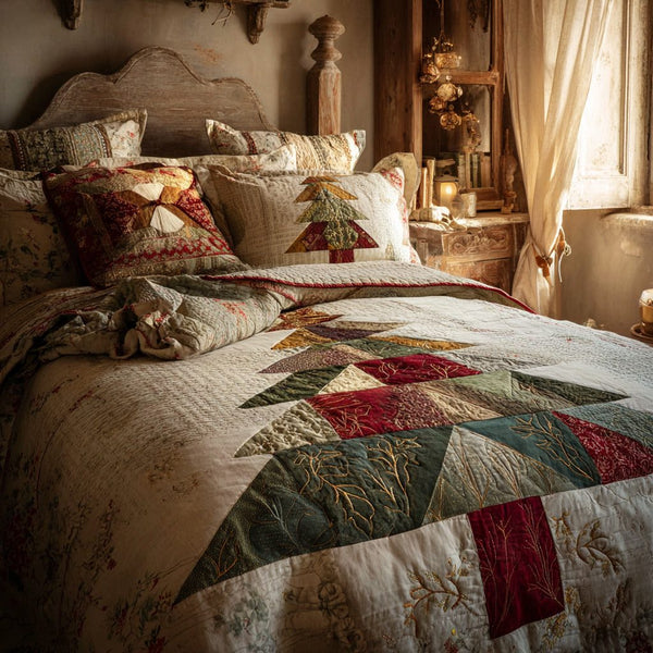 Classic Noel quilted 3-piece bedding set on a made bed in a winter-styled bedroom