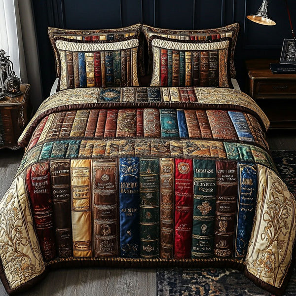 Classic Novel Escape quilted 3-piece bedding set on a made bed in a farmhouse bedroom