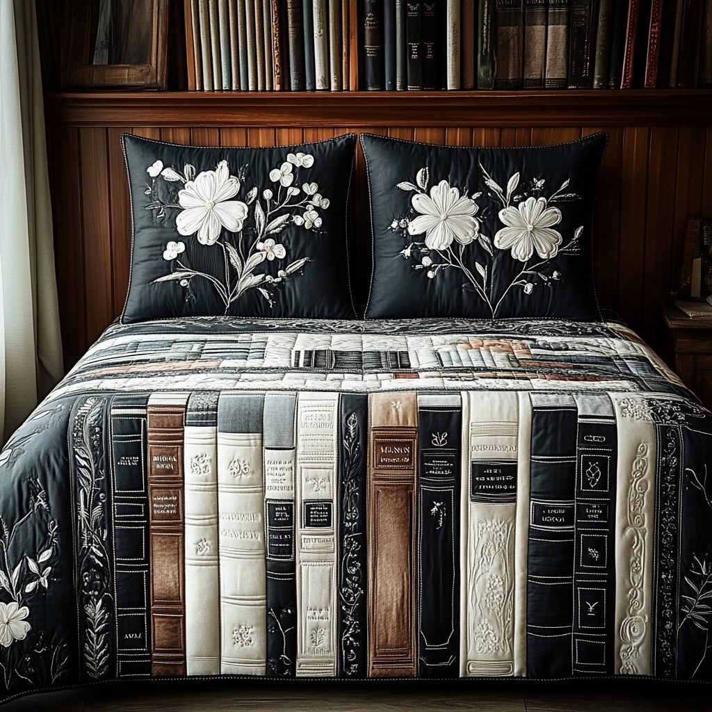 Classic Pages quilted 3-piece bedding set on a made bed in a farmhouse bedroom