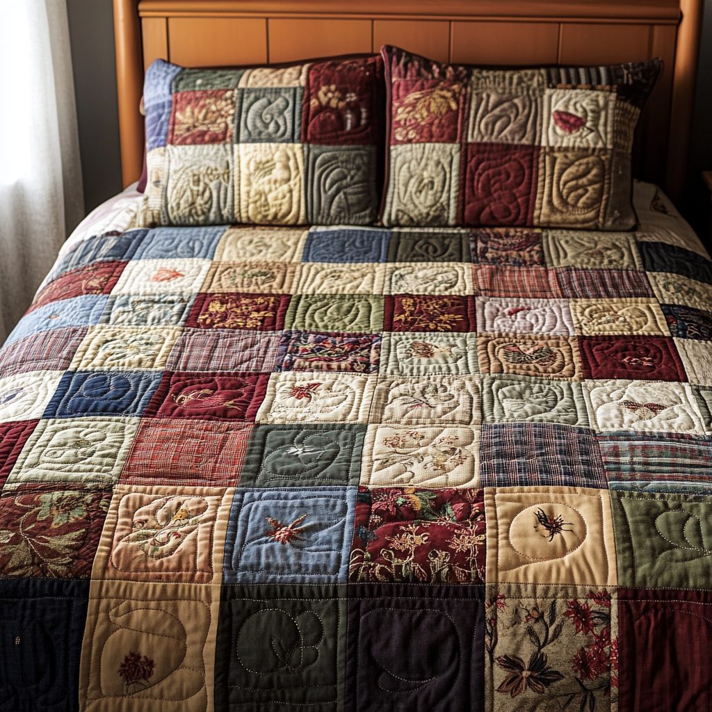 Classic Patchwork quilted 3-piece bedding set on a made bed in a farmhouse bedroom