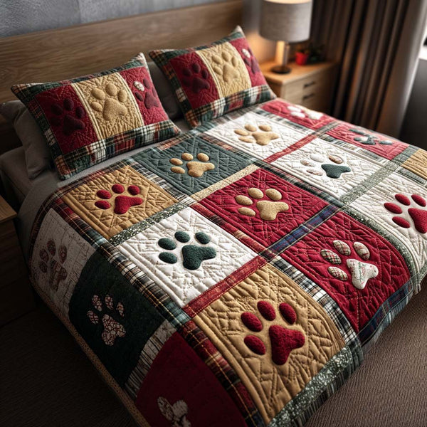Classic Plaid Paws quilted 3-piece bedding set on a made bed in a farmhouse bedroom