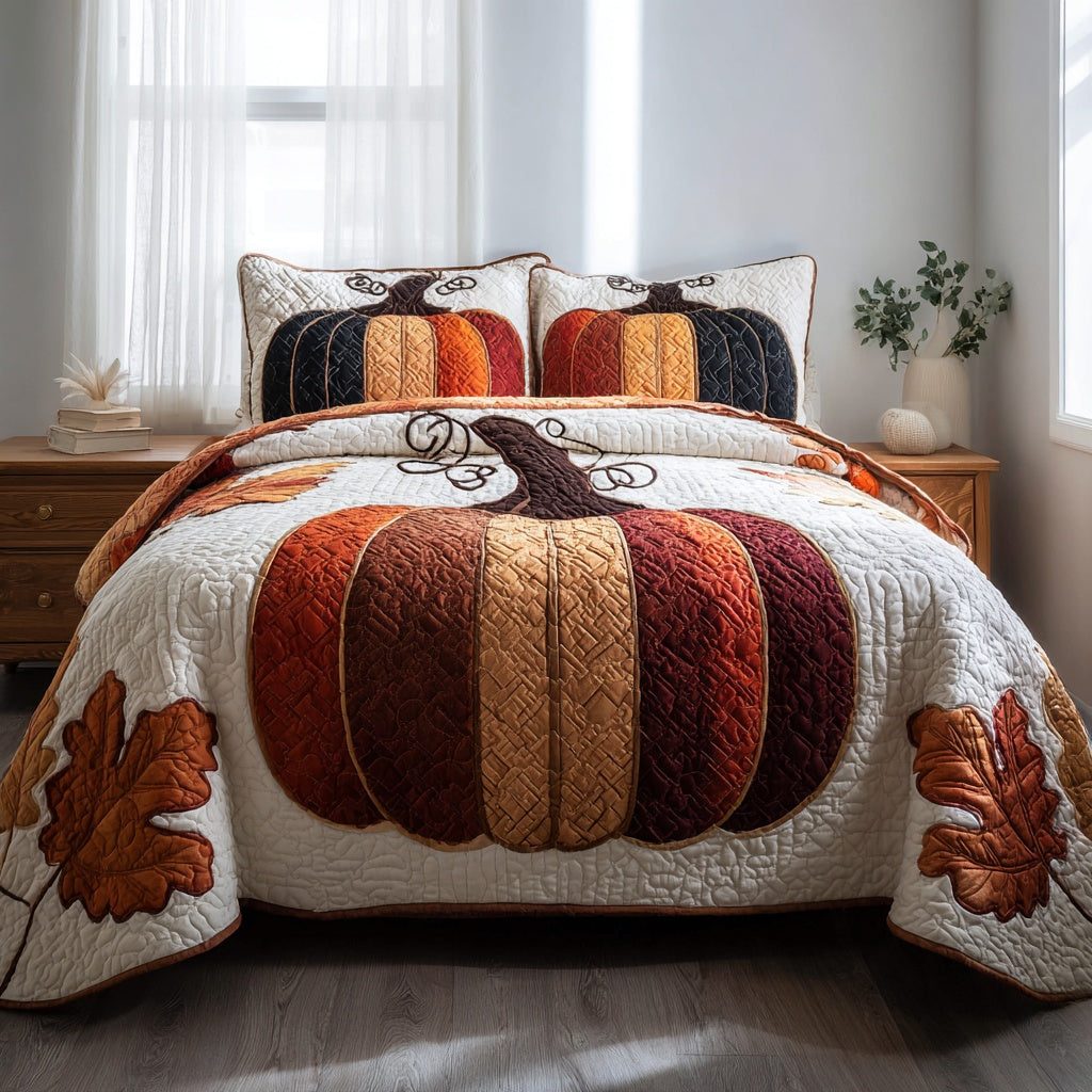 Classic Pumpkin Patch quilted 3-piece bedding set on a made bed against a dark styled interior
