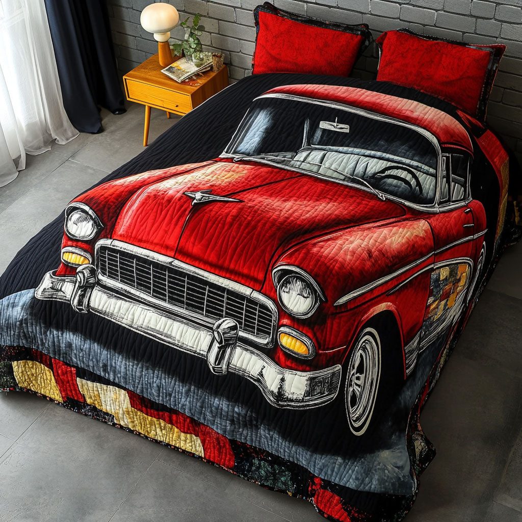 Classic Red Racer quilted 3-piece bedding set on a made bed in a farmhouse bedroom