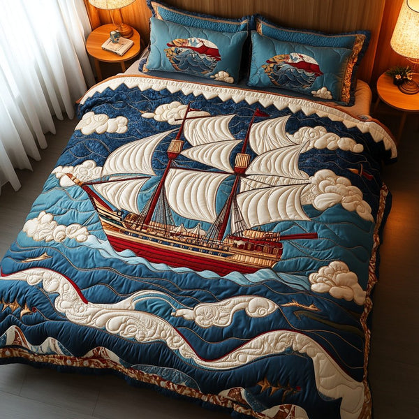 Classic Sailboat quilted 3-piece bedding set on a made bed in a farmhouse bedroom