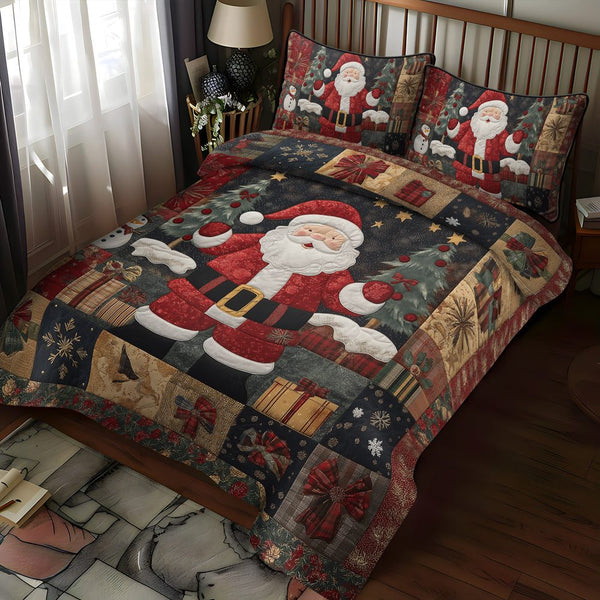 Classic Santa Charm quilted 3-piece bedding set on a made bed in a winter-styled bedroom