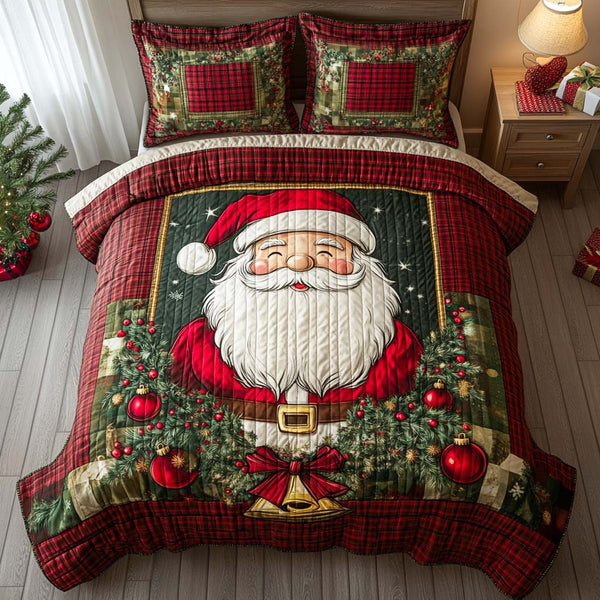 Classic Santa Cheer quilted 3-piece bedding set on a made bed in a winter-styled bedroom