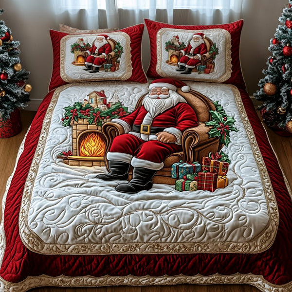 Classic Santa quilted 3-piece bedding set on a made bed in a winter-styled bedroom