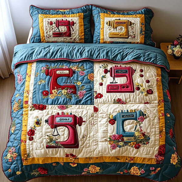 Classic Sewing Machine quilted 3-piece bedding set on a made bed in a farmhouse bedroom