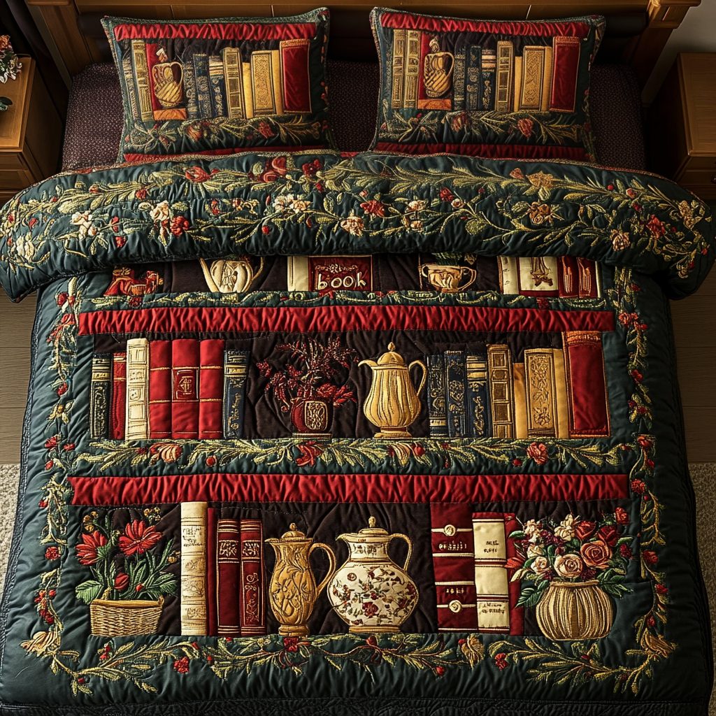 Classic Shelves quilted 3-piece bedding set on a made bed in a farmhouse bedroom