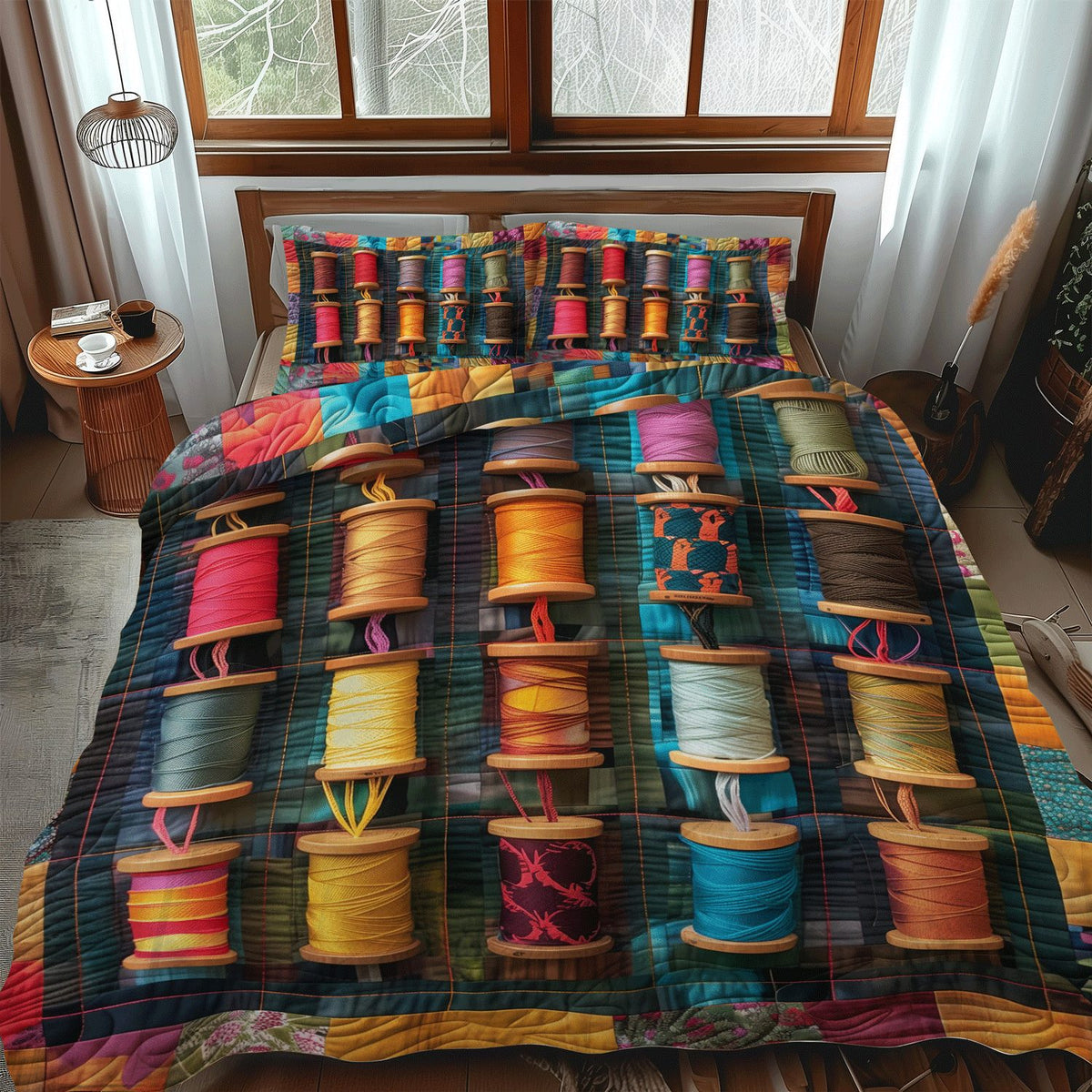 Classic Spools quilted 3-piece bedding set on a made bed in a farmhouse bedroom