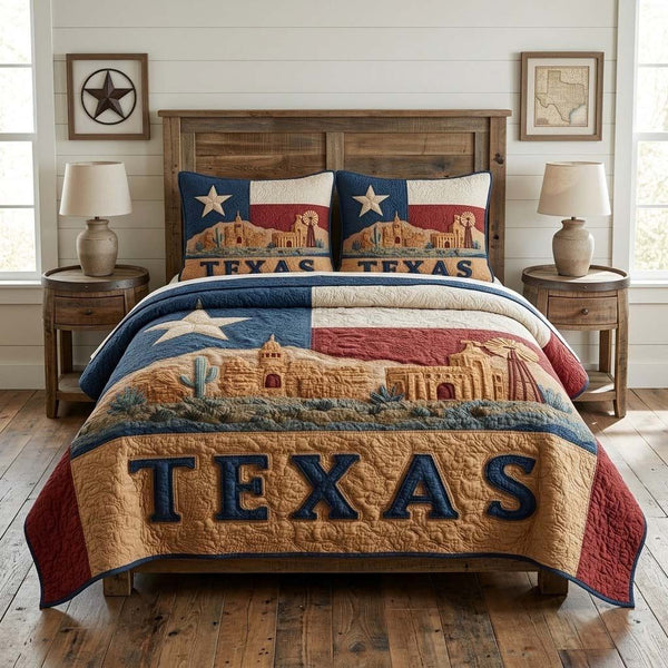 Classic Texas Flag quilted 3-piece bedding set on a made bed in a warmly lit bedroom