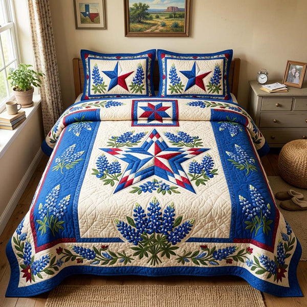 Classic Texas Star quilted 3-piece bedding set on a made bed in a rustic timber bedroom
