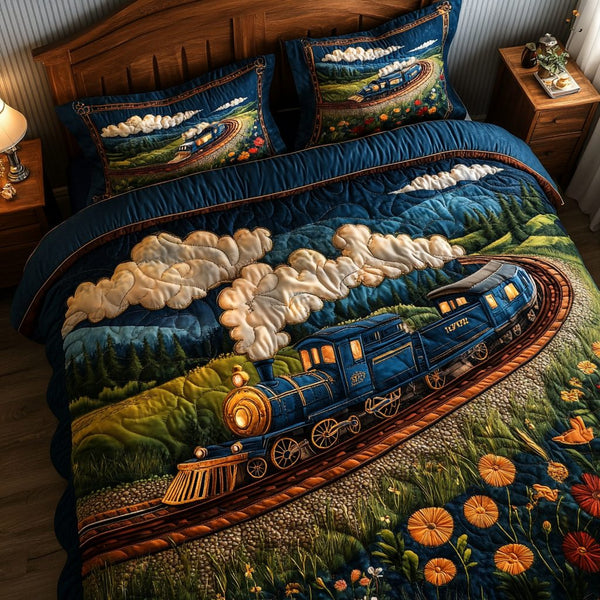 Classic Train quilted 3-piece bedding set on a made bed in a farmhouse bedroom