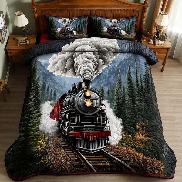 Classic Train quilted 3-piece bedding set on a made bed in a farmhouse bedroom