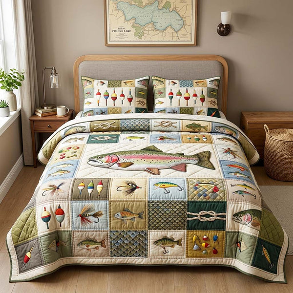 Classic Trout quilted 3-piece bedding set on a made bed in a farmhouse bedroom