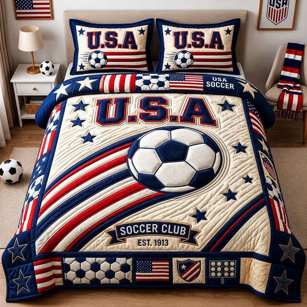 Classic USA Kick quilted 3-piece bedding set on a made bed in a warmly lit bedroom