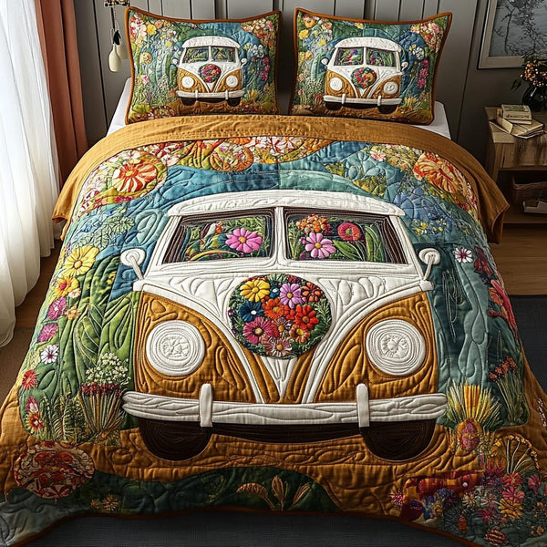 Classic Van Life quilted 3-piece bedding set on a made bed in a farmhouse bedroom