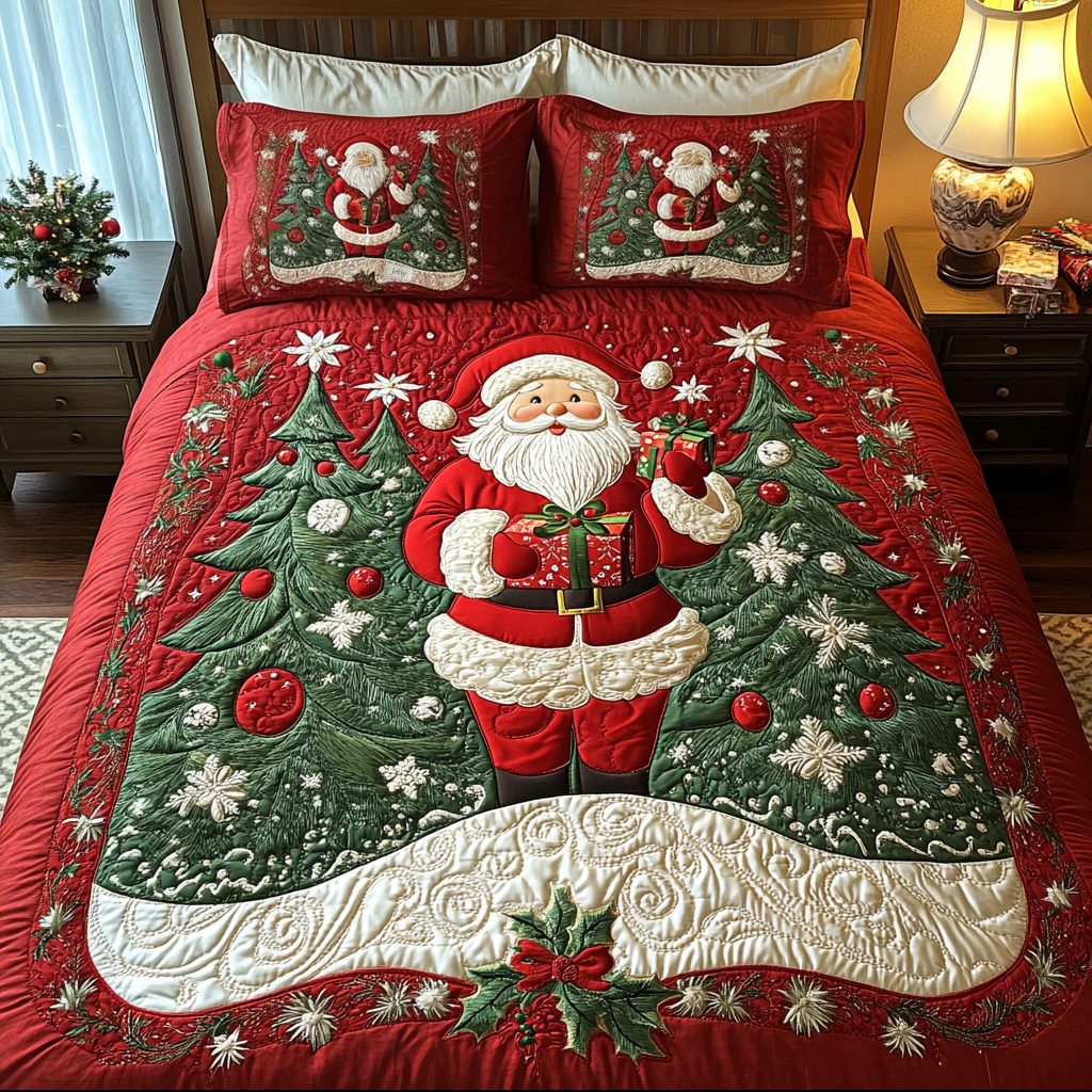 Claus Christmas Delight quilted 3-piece bedding set on a made bed in a winter-styled bedroom