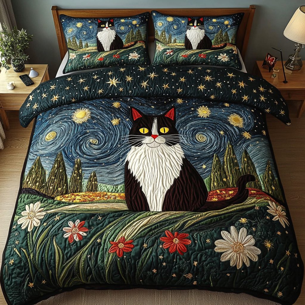 Claws And Comfort quilted 3-piece bedding set on a made bed with two matching pillow shams