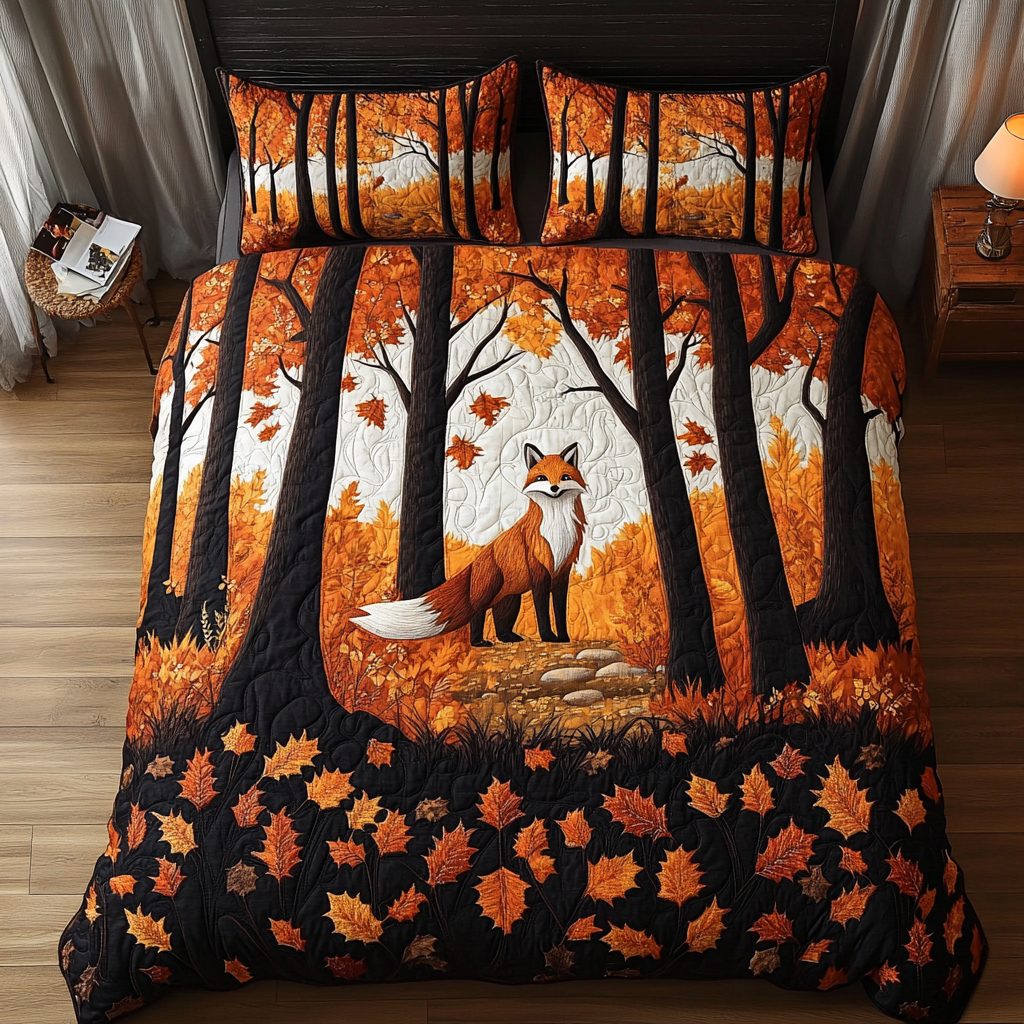 Clever Fox quilted 3-piece bedding set on a made bed with two matching pillow shams