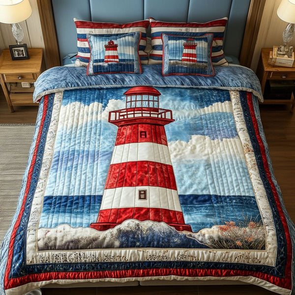 Cliff Beacon quilted 3-piece bedding set on a made bed with two matching pillow shams