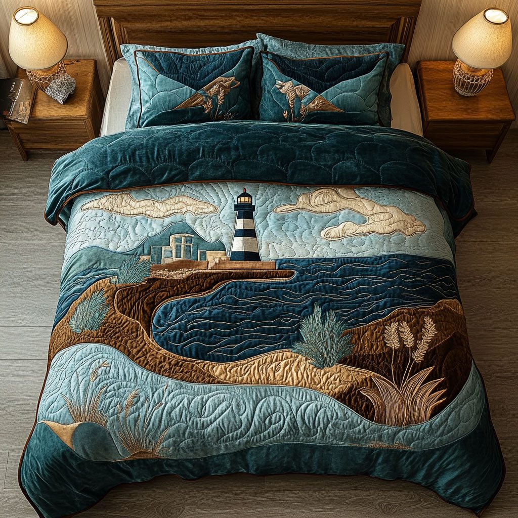 Cliffside Light quilted 3-piece bedding set on a made bed with two matching pillow shams