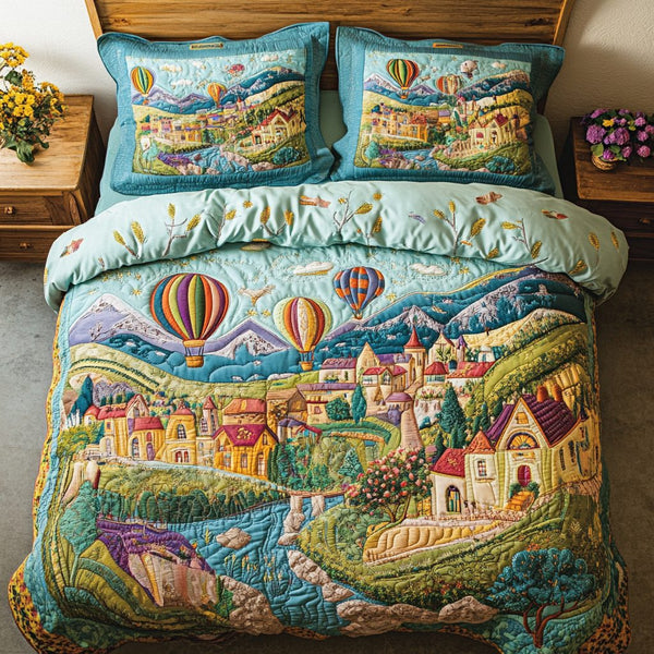 Cloud Journey quilted 3-piece bedding set on a made bed with two matching pillow shams