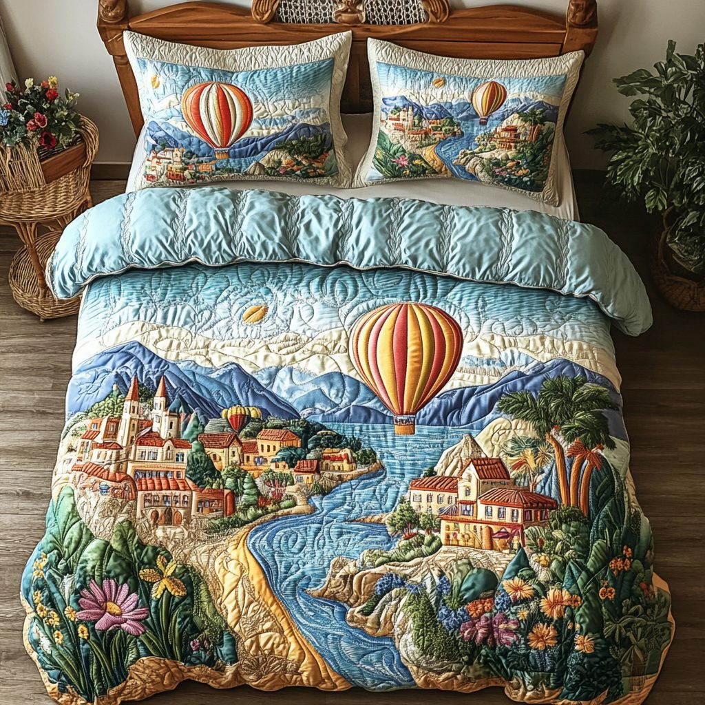 Cloud Trail quilted 3-piece bedding set on a made bed with two matching pillow shams
